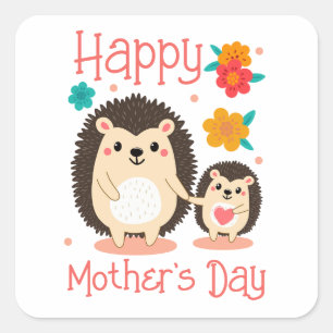 Sticker Carré Joyeuse Fête des Mères Maman et bébé Hérisson