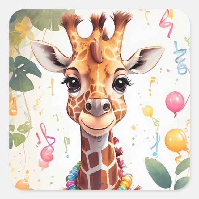 Sticker Carré Joyeuse Giraffe avec cadeaux et gâteau | (Devant)