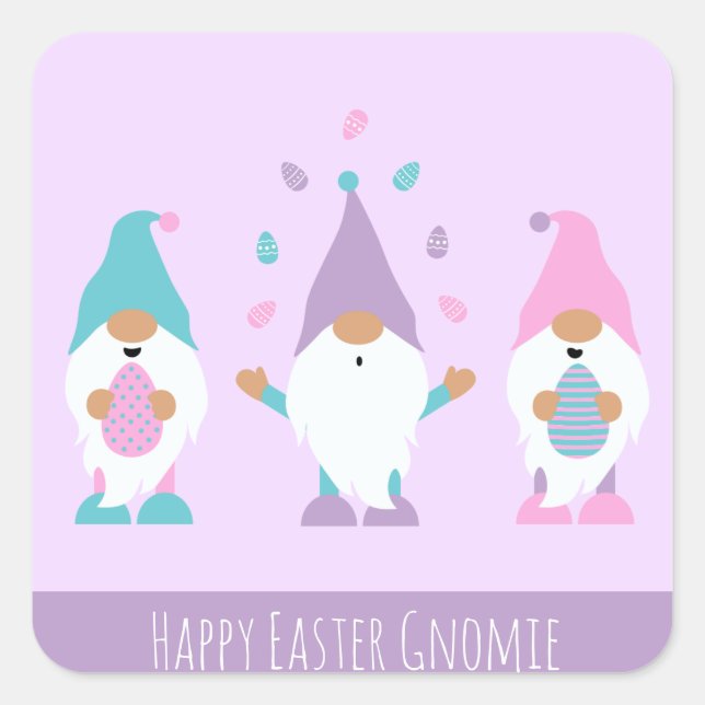 Sticker Carré Joyeuse Gnomie de Pâques Jonglant des oeufs de Pâq (Devant)