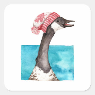 Sticker Carré Joyeuse Oie du Canada dans une Toque
