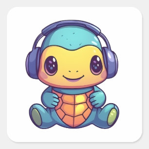 Sticker Carré Joyeuse tortue Kawaii colorée portant un casque
