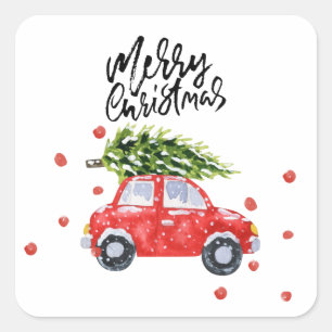 Sticker Carré Joyeuse voiture rouge de Noël avec arbre de Noël b