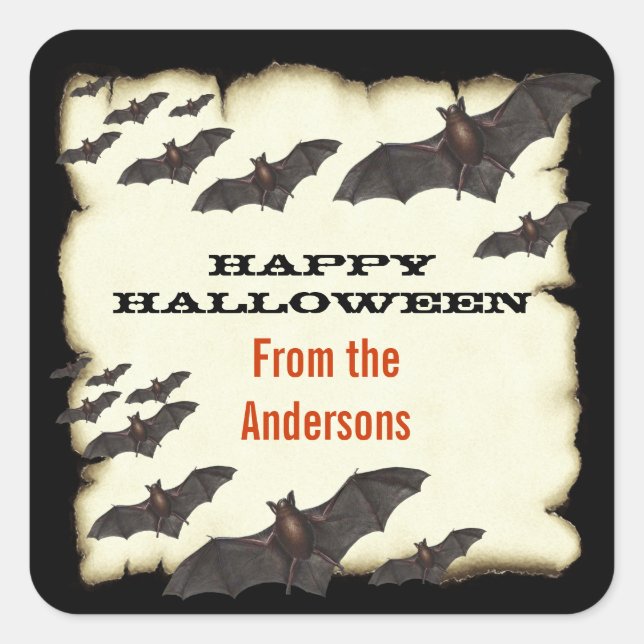 Sticker Carré Joyeuses chauves-souris d'Halloween et parchemin b (Devant)