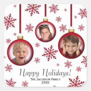 Sticker Carré Joyeuses fêtes 3 Photo amusant Red Baubles Noël
