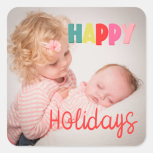 Sticker Carré Joyeuses fêtes avec photo voeux de Noël