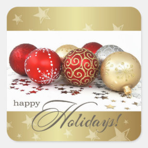 Sticker Carré Joyeuses fêtes. Baubles d'or rouge Noël