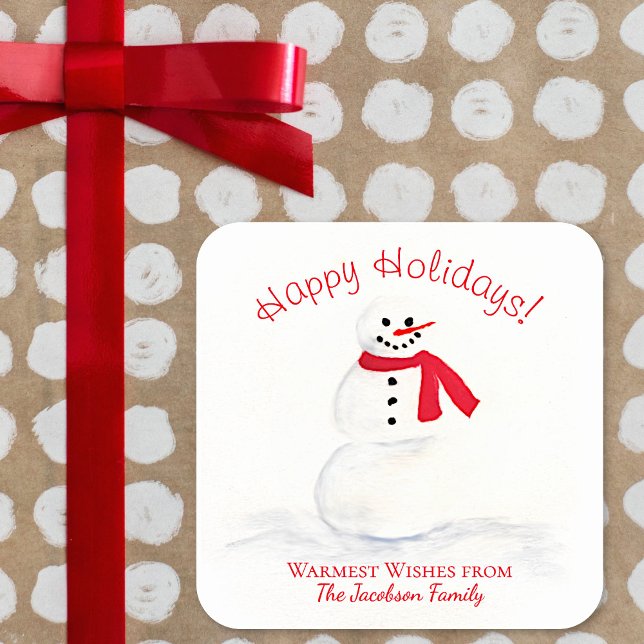 Sticker Carré Joyeuses Fêtes Bonhomme de Neige Sourire Noël (In Situ on Christmas Package)