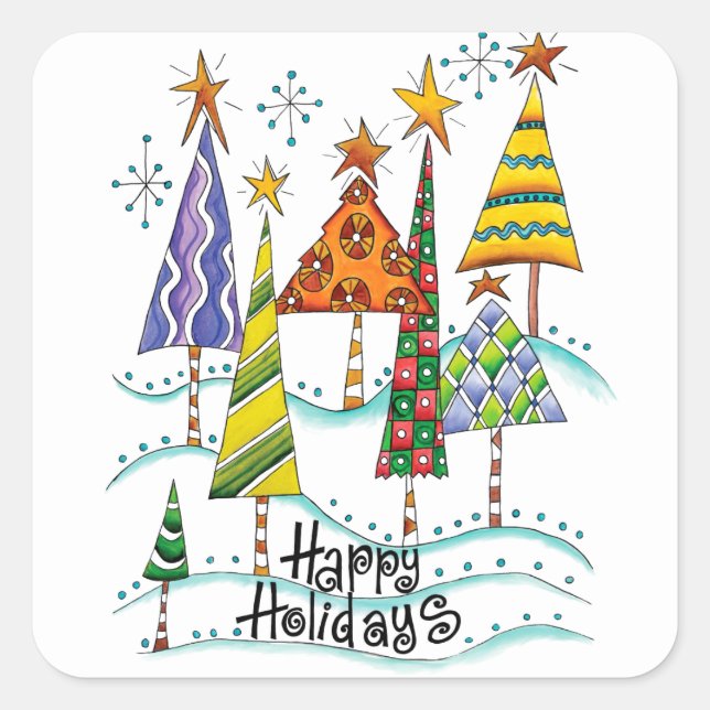 Sticker Carré Joyeuses fêtes ! De beaux arbres de Noël aux étoil (Devant)