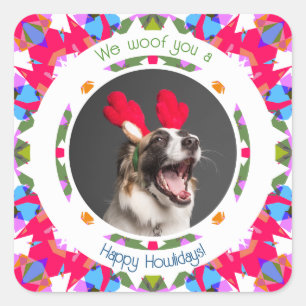 Sticker Carré Joyeuses fêtes Noël Photo Pun Chien Papa Maman Mam