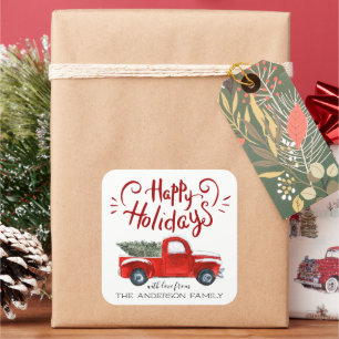Sticker Carré Joyeuses fêtes   Noël Vintage du camion rouge