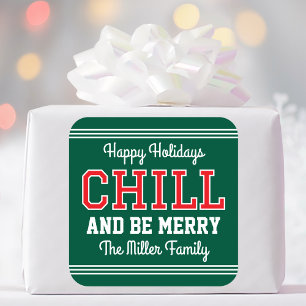 Sticker Carré Joyeuses Fêtes Nom de famille Fun Retro Vert Rouge