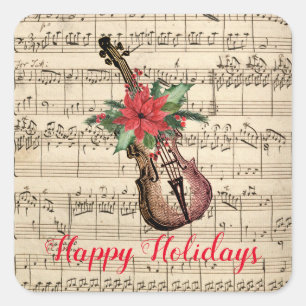 Sticker Carré Joyeuses fêtes Violon Vintage et Partition