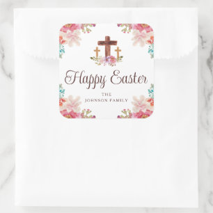 Sticker Carré Joyeuses Pâques Aquarelle Florale Croix Religieuse