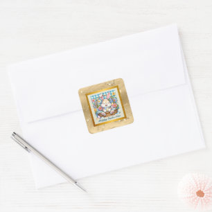 Sticker Carré Joyeuses Pâques avec un lapin mignon, des œufs et 