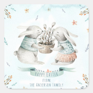 Sticker Carré Joyeuses Pâques florales modernes souhaitent le