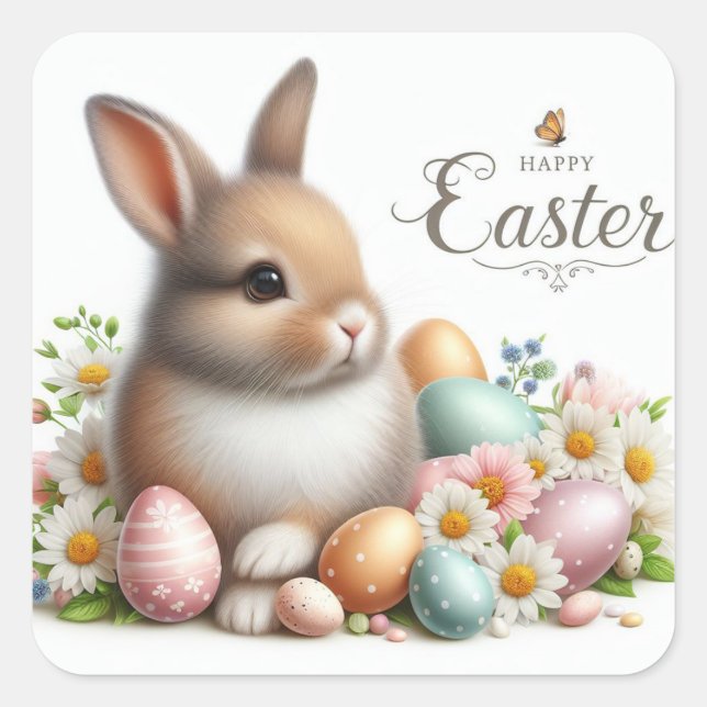 Sticker Carré Joyeuses Pâques, Lapin de Pâques, Œufs et Fleurs (Devant)
