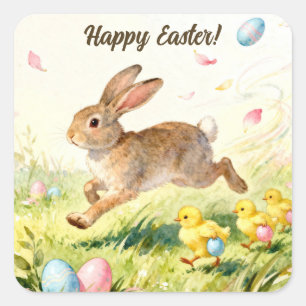 Sticker Carré Joyeuses Pâques Lapin Vintage Illustration de Prin