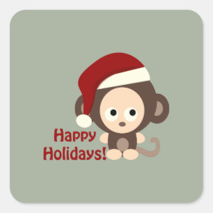 Sticker Carré Joyeuses Vacances Cute Père Noël Monkey