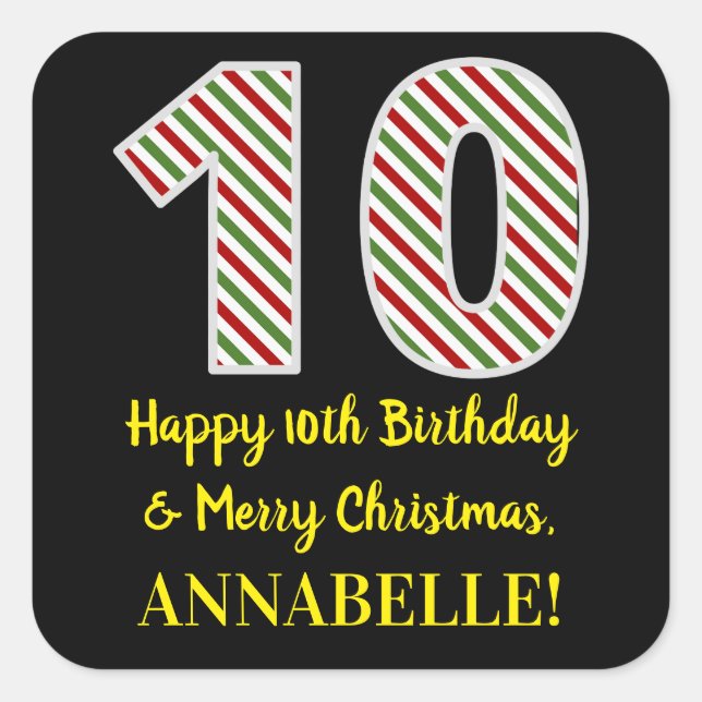 Sticker Carré Joyeux 10e anniversaire & Joyeux Noël, Nom personn (Devant)