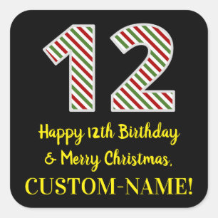 Sticker Carré Joyeux 12e anniversaire & Joyeux Noël, Nom personn
