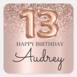 Sticker Carré Joyeux 13e anniversaire Rose Parties scintillant o