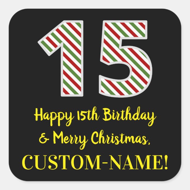 Sticker Carré Joyeux 15e anniversaire & Joyeux Noël, Nom personn (Devant)
