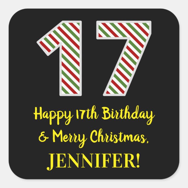 Sticker Carré Joyeux 17e anniversaire & Joyeux Noël, Nom personn (Devant)