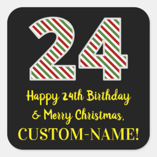 Sticker Carré Joyeux 24e anniversaire & Joyeux Noël, Nom personn