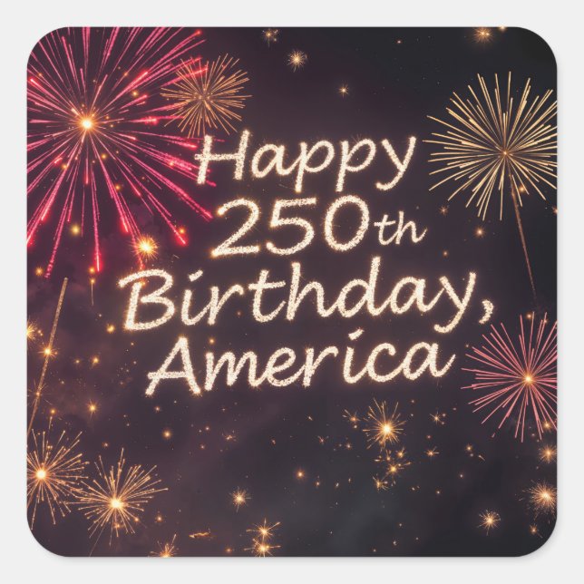 Sticker Carré Joyeux 250e anniversaire Amérique avec feux d'arti (Devant)