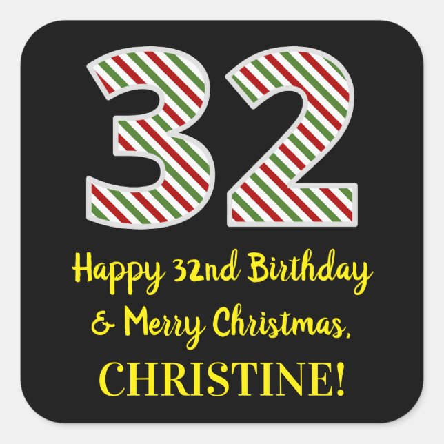 Sticker Carré Joyeux 32e anniversaire & Joyeux Noël, Nom personn (Devant)