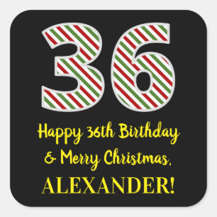 Sticker Carré Joyeux 36e anniversaire & Joyeux Noël, Nom personn