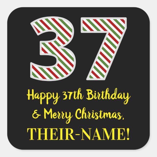 Sticker Carré Joyeux 37e anniversaire & Joyeux Noël, Nom personn (Devant)