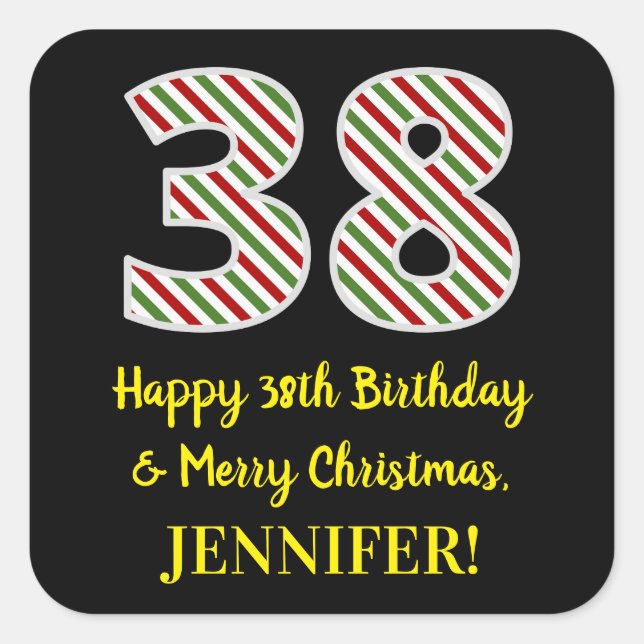 Sticker Carré Joyeux 38e anniversaire & Joyeux Noël, Nom personn (Devant)