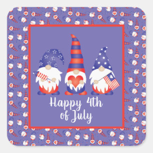 Sticker Carré Joyeux 4 juillet Gnomes Rouge Blanc Bleu