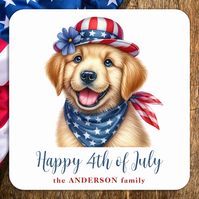 Sticker Carré Joyeux 4 juillet Patriotique Chiot Golden Retrieve (Créateur téléchargé)
