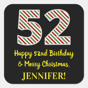 Sticker Carré Joyeux 52e anniversaire & Joyeux Noël, Nom personn