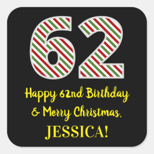 Sticker Carré Joyeux 62e anniversaire & Joyeux Noël, Nom personn