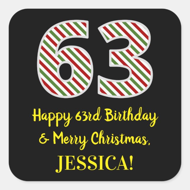 Sticker Carré Joyeux 63e anniversaire & Joyeux Noël, Nom personn (Devant)