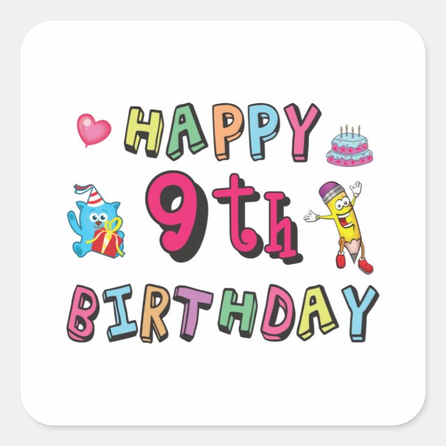 Sticker Carré Joyeux 9e anniversaire pour enfants de 9 ans B jou (Devant)