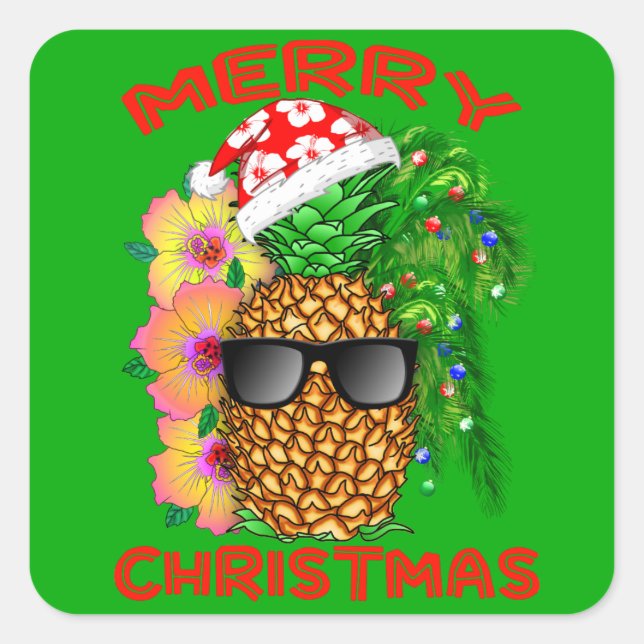 Sticker Carré Joyeux ananas Père Noël de Noël (Devant)
