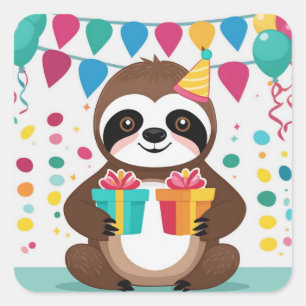 Sticker Carré Joyeux Anniversaire à Cutest Sloth!