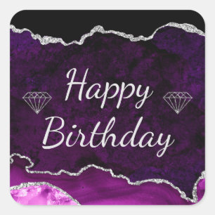 Sticker Carré Joyeux Anniversaire Agate Pailletée Violet et Arge