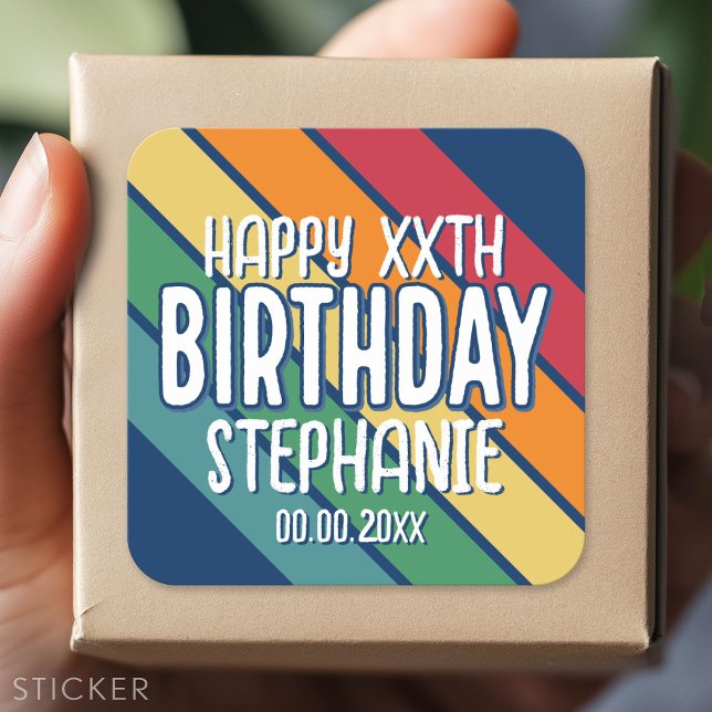 Sticker Carré Joyeux anniversaire - Ajouter année et nom avec de (Custom Sticker - Personalize with your info for a party favor or gift)