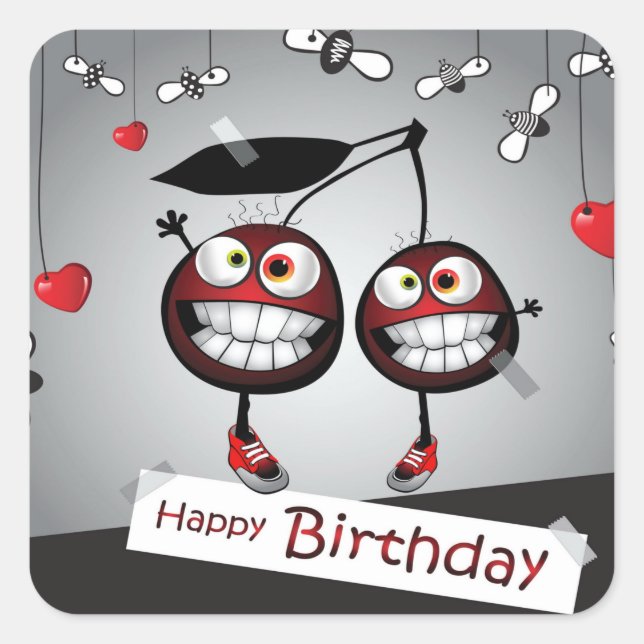 Sticker Carré Joyeux Anniversaire, Amour, Cadeaux, Gâteau, Drôle (Devant)