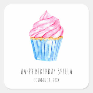 Sticker Carré Joyeux anniversaire Aquarelle cupcake rose glaçage