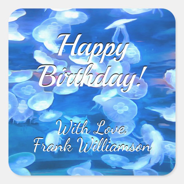 Sticker Carré Joyeux Anniversaire Aquarium Jellyfish 0925 (Devant)