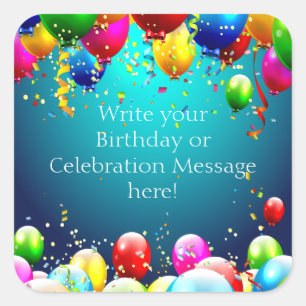 Sticker Carré Joyeux anniversaire - ballons colorés par bleu -
