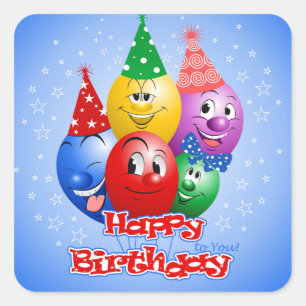 Sticker Carré Joyeux Anniversaire Ballons Drôles,