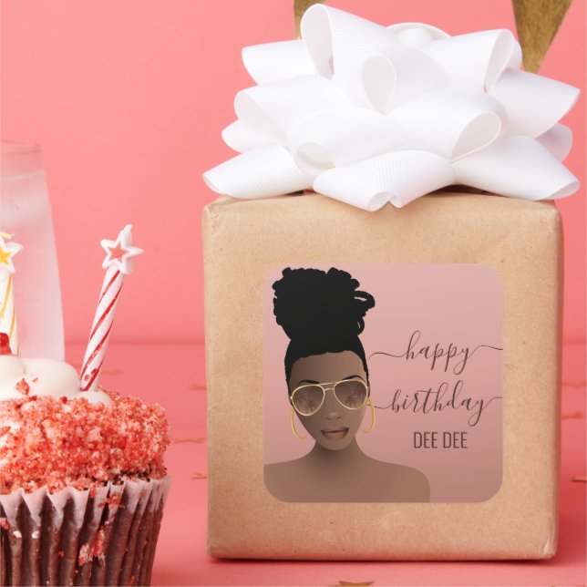 Sticker Carré Joyeux Anniversaire Black Woman Gold Shades, Rose  (Fête)