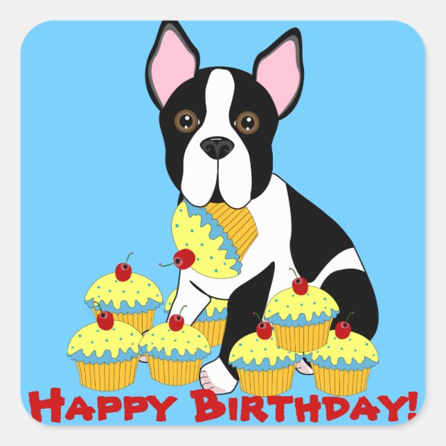 Sticker Carré Joyeux Anniversaire Boston Terrier Cupcakes Sticke (Devant)